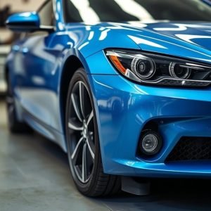 Sleek Blue Sports Car in a Garage Workshop for Stereo Installation