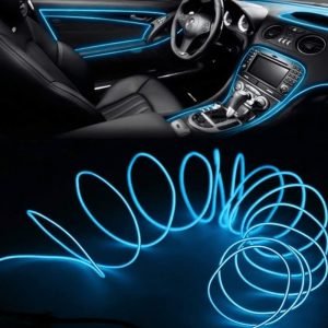 Car Interior With Blue Decorative Lighting and Illuminated Dashboard Display