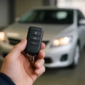 Hand Holding Remote Start Key Fob with Blurred Car in Background