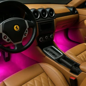 Luxury Car Interior with Pink Decorative Lighting and Leather Seats
