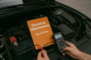 Mechanic Holding Multimeter Checking Car Battery With Electrical Maintenance Book