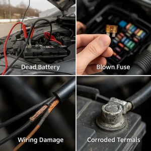 Dead Battery, Blown Fuse, Wiring Damage, Corroded Terminals in Vehicle Engine Bay