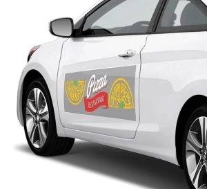 Car Door With Pizza Restaurant Advertisement Displayed