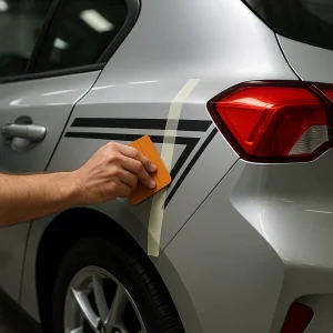 Applying Custom Vinyl Decals to a Gray Car's Rear Panel