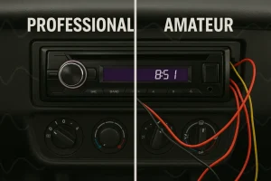 Car Stereo Professionally Installed on Left, Amateur Wiring on Right