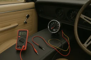 Multimeter and Tachometer on Classic Car Dashboard with Beige Interior