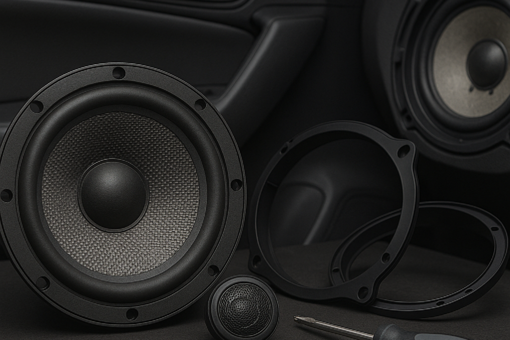 Car Audio System Components including Speakers and Tweeters on Dark Background