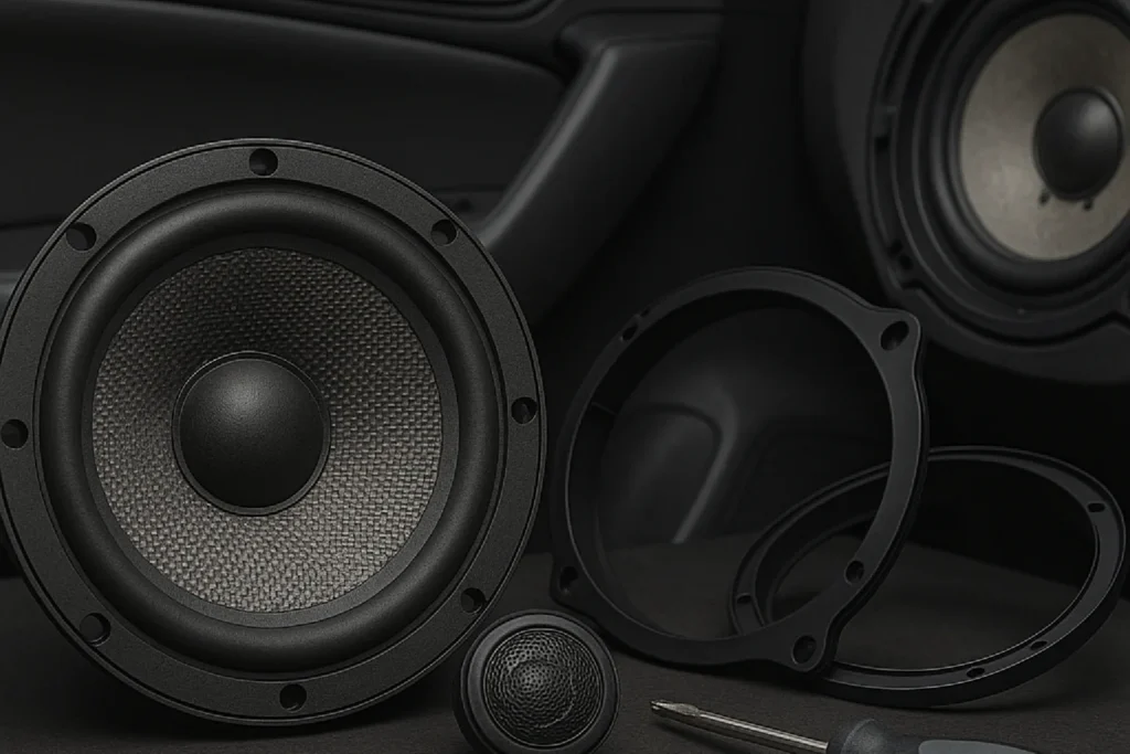 Component car speakers, adapter rings and a tweeter laid out before an installation