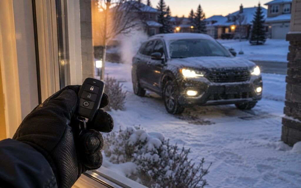 Hand Holding Remote Car Starter, SUV Parked on Snowy Driveway in Background