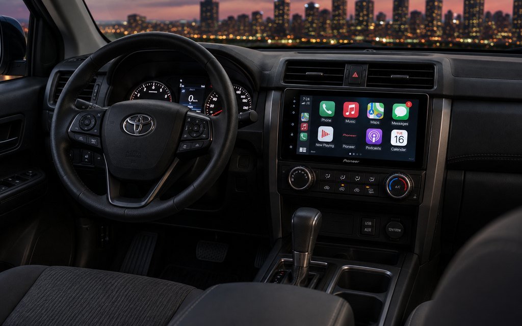Modern Car Interior Featuring Apple CarPlay Stereo Dashboard with City Skyline