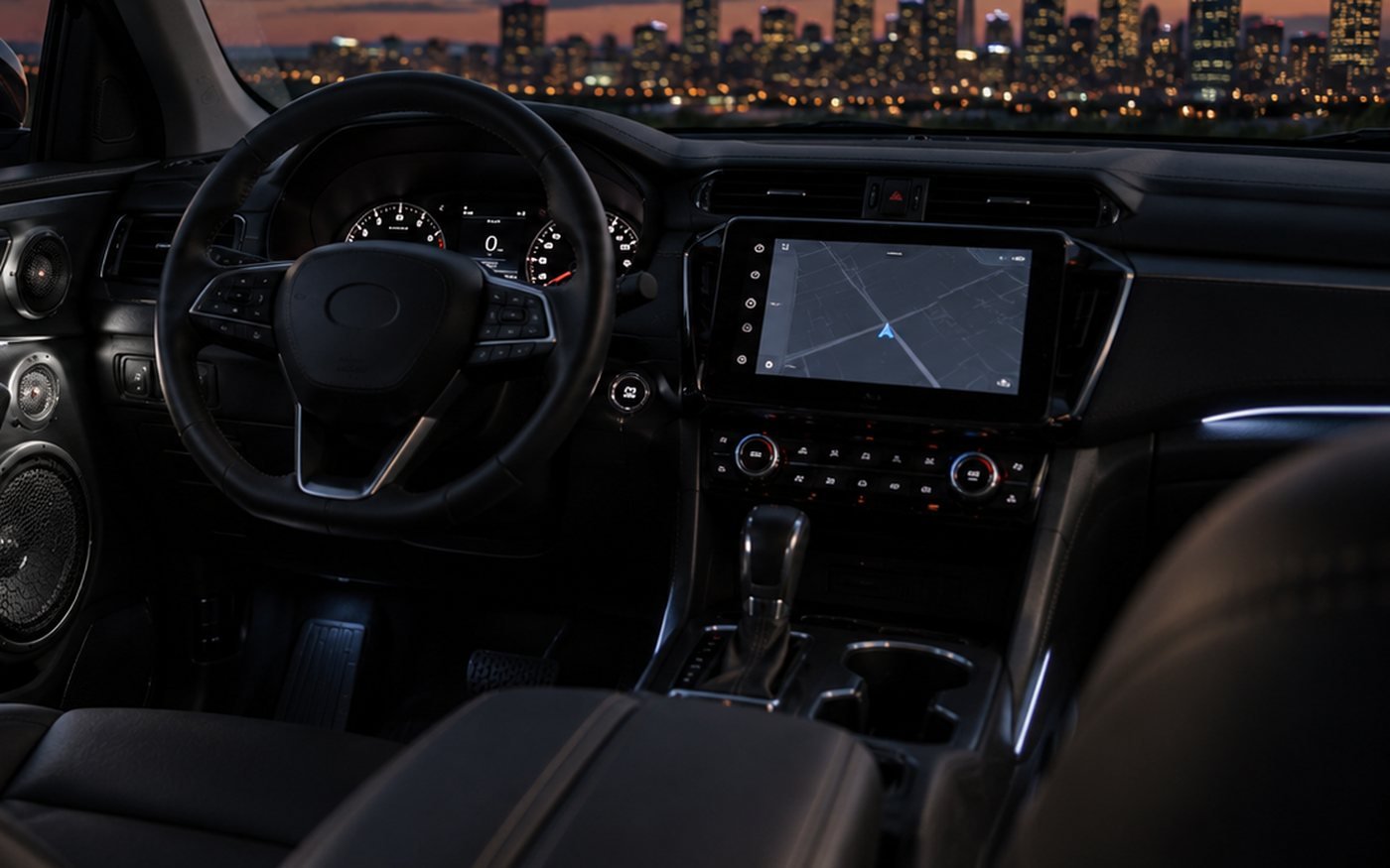 Fitted touchscreen running navigation in a dark car cabin at dusk, Calgary skyline ahead