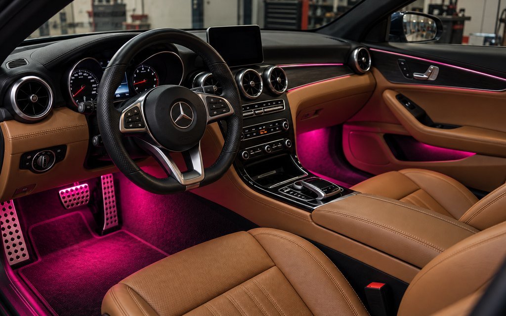Luxury Car Interior with Ambient Lighting and Advanced Car Stereo System