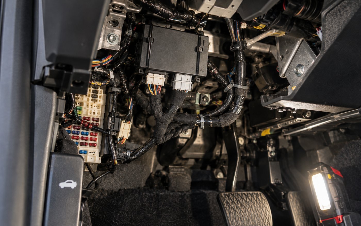 Vehicle fuse panel and factory wiring looms exposed under a dashboard during electrical diagnosis