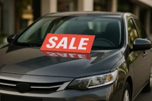 Car displaying a red sale sign on the windshield