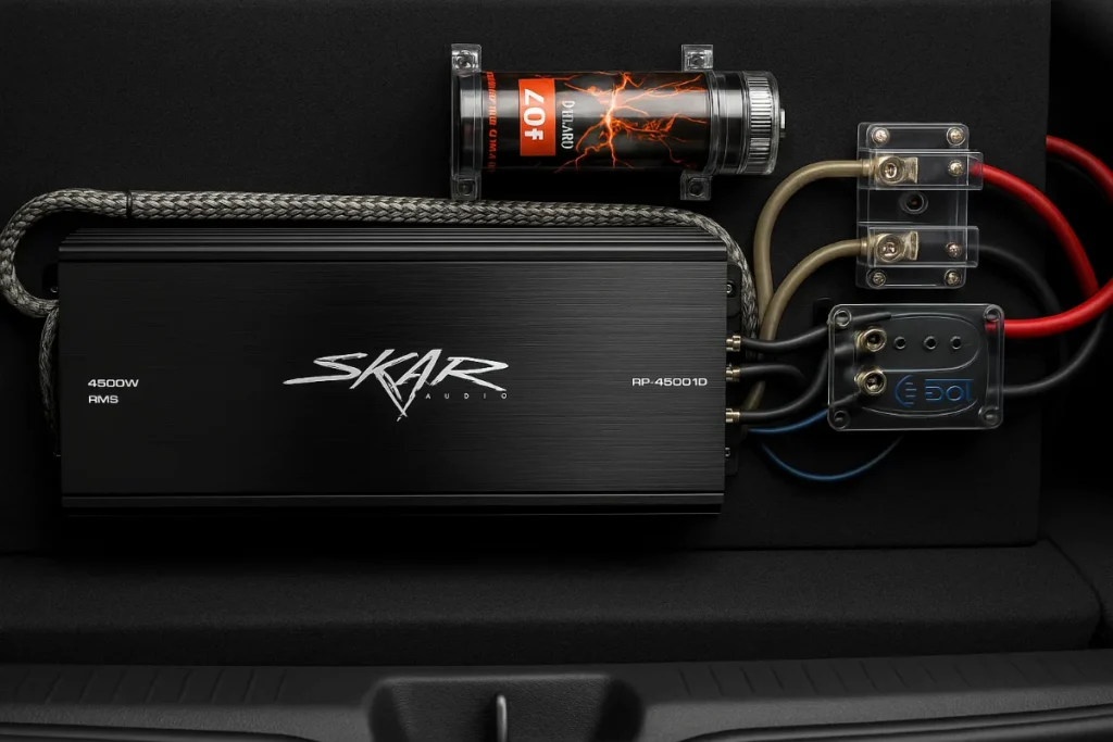 Skar Audio Amplifier and Capacitor Setup for Car Audio System Installation