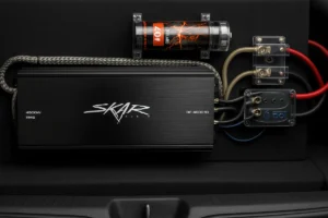 Skar Audio Amplifier and Capacitor Setup for Car Audio System Installation