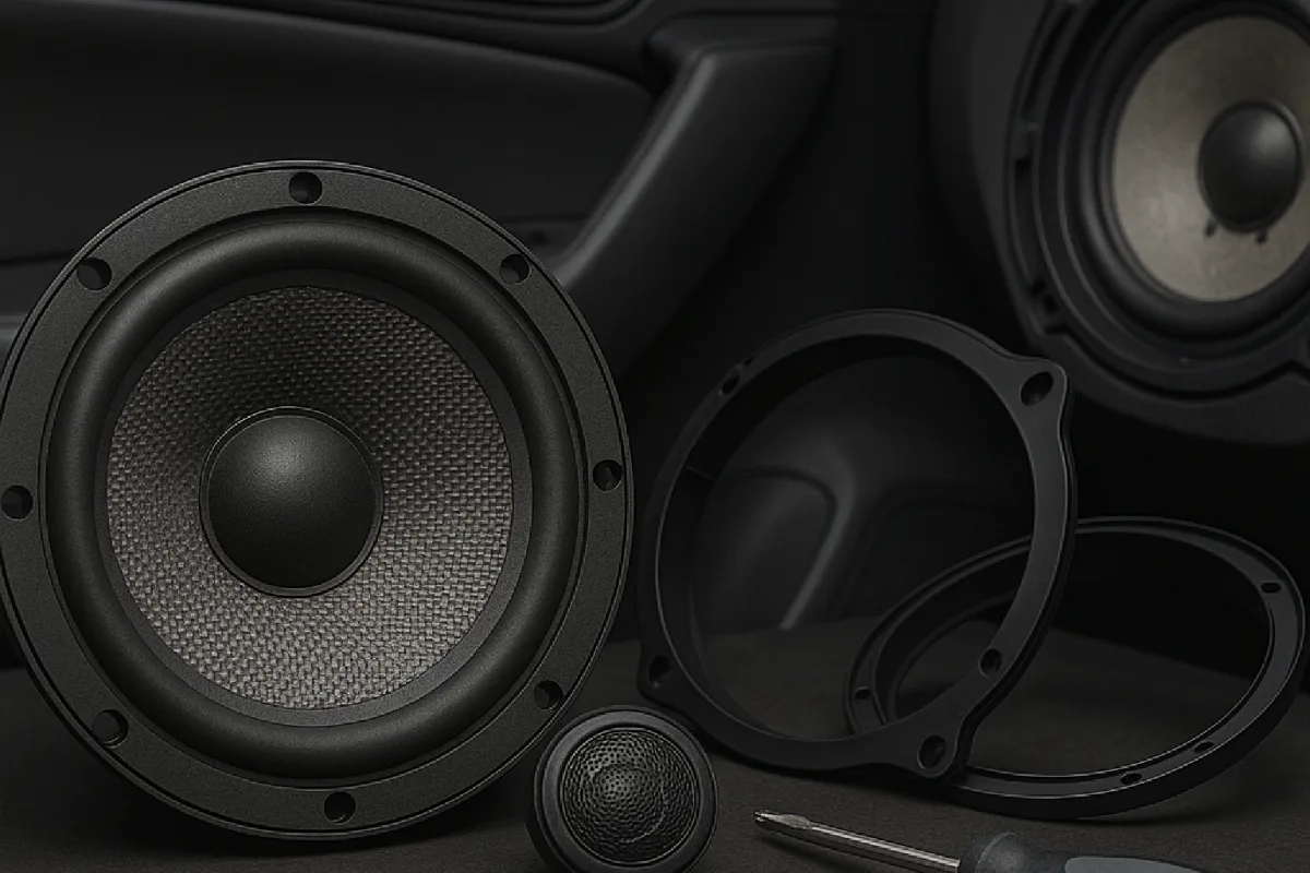 Component car speakers mounted in a door panel