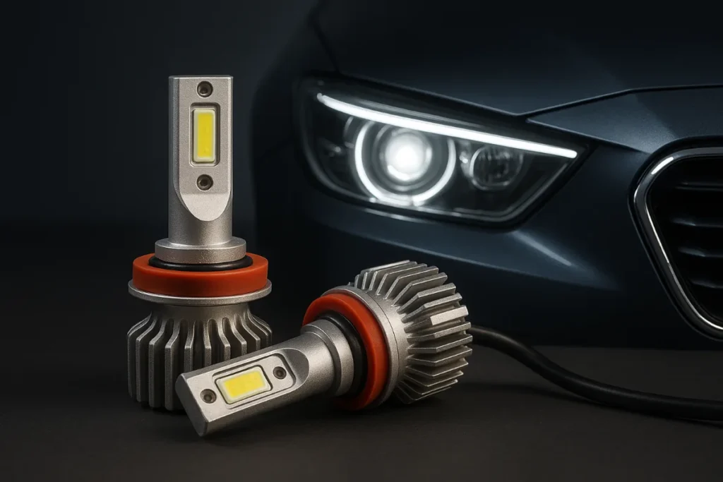 LED Headlight Bulbs in Front of a Dark Blue Car