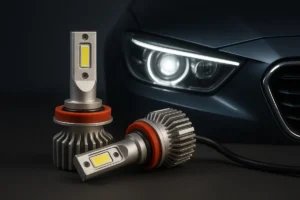 LED Headlight Bulbs in Front of a Dark Blue Car