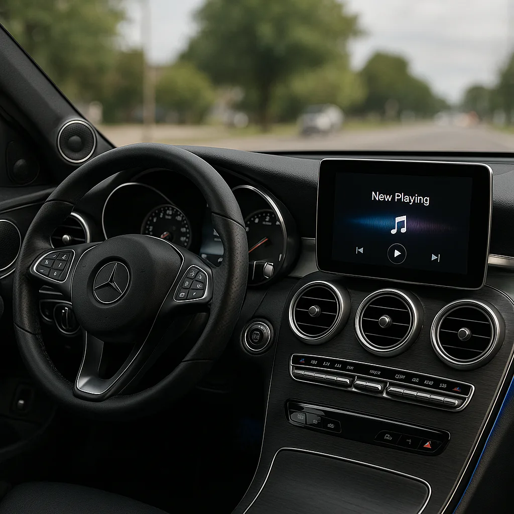 Car Interior with Apple CarPlay Displaying Music Controls