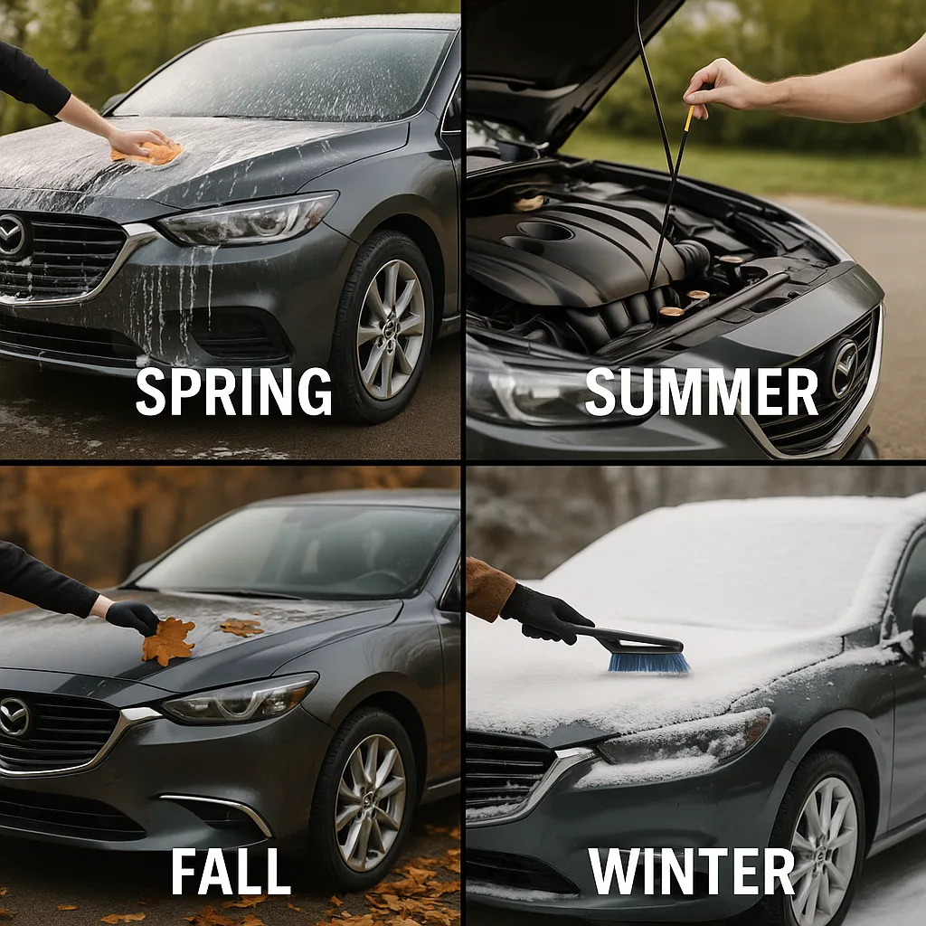 Seasonal car care collage for spring, summer, fall and winter